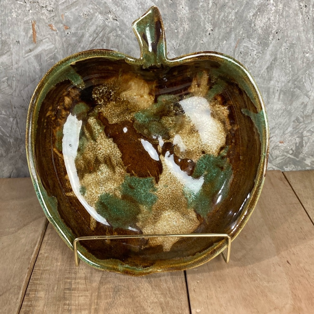 Vintage Brown Green Glaze Apple Pottery Bowl Signed Dryden